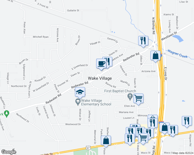map of restaurants, bars, coffee shops, grocery stores, and more near 599 Redwater Road in Wake Village