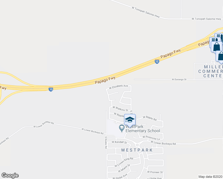 map of restaurants, bars, coffee shops, grocery stores, and more near 25853 West Elizabeth Avenue in Buckeye