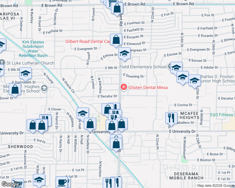 map of restaurants, bars, coffee shops, grocery stores, and more near 1938 East Des Moines Street in Mesa