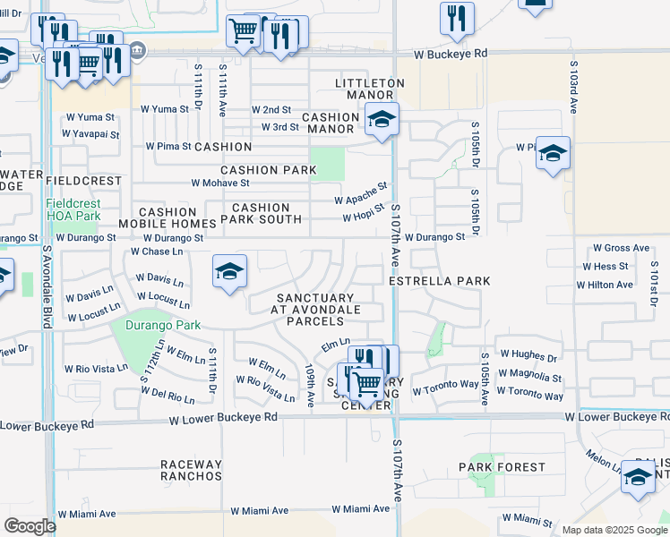 map of restaurants, bars, coffee shops, grocery stores, and more near 10854 West Locust Lane in Avondale