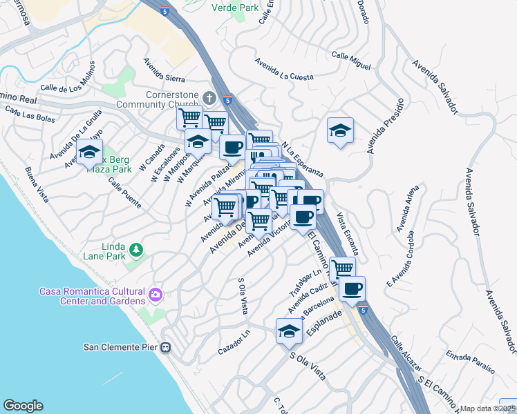 map of restaurants, bars, coffee shops, grocery stores, and more near 106 Avenida Del Mar in San Clemente