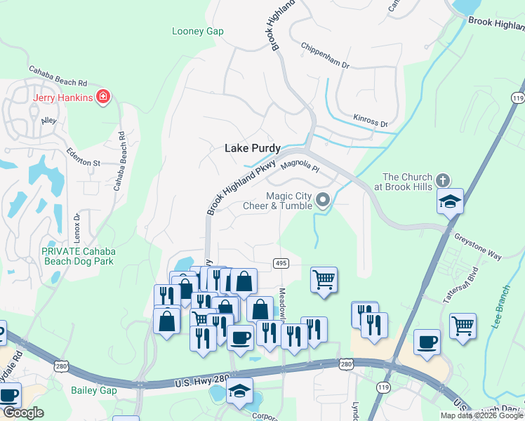 map of restaurants, bars, coffee shops, grocery stores, and more near 2080 Stone Brook Drive in Birmingham
