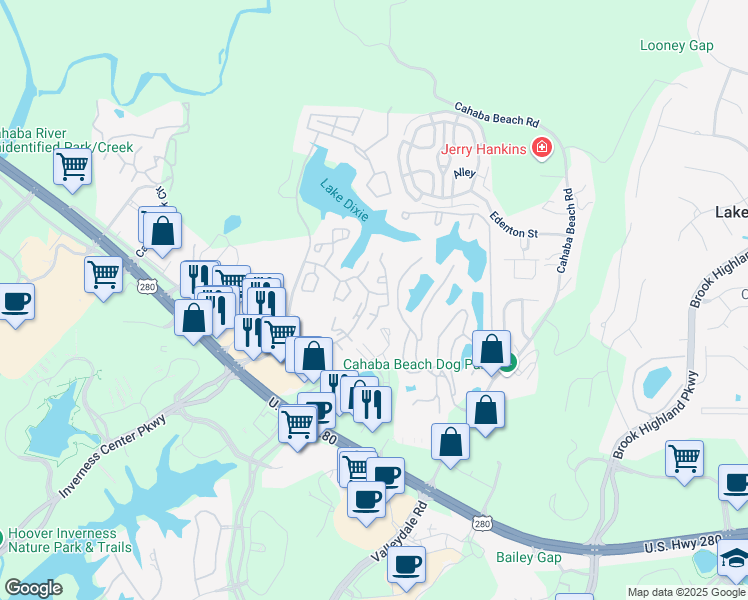 map of restaurants, bars, coffee shops, grocery stores, and more near 3409 Heatherbrooke Parkway in Birmingham