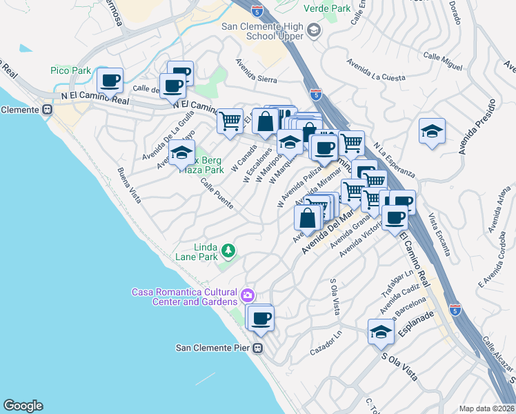 map of restaurants, bars, coffee shops, grocery stores, and more near in San Clemente