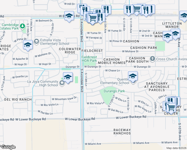 map of restaurants, bars, coffee shops, grocery stores, and more near 2117 South 114th Avenue in Avondale
