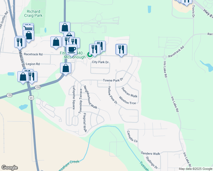map of restaurants, bars, coffee shops, grocery stores, and more near 4130 Springvale Way in McDonough