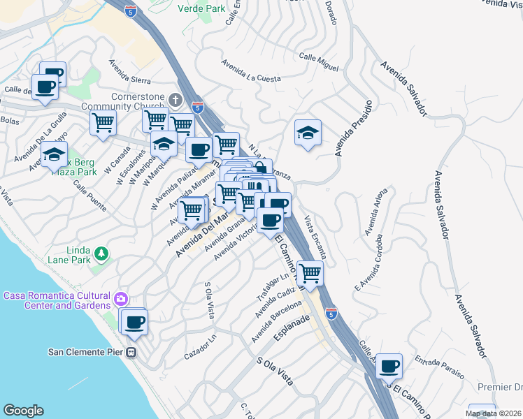 map of restaurants, bars, coffee shops, grocery stores, and more near 207 South El Camino Real in San Clemente