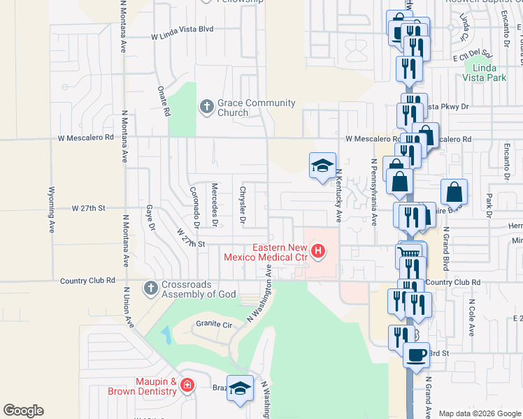 map of restaurants, bars, coffee shops, grocery stores, and more near 2704 North Washington Avenue in Roswell