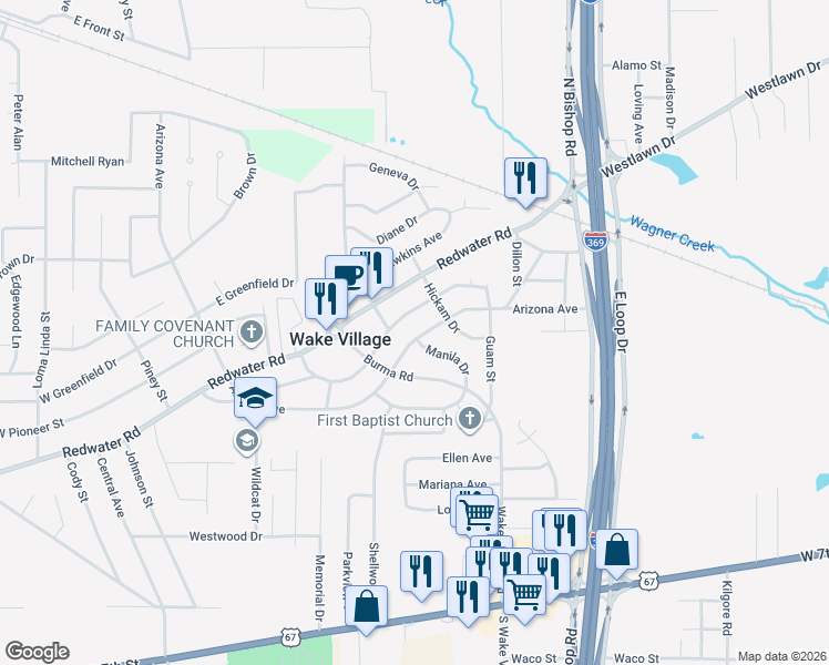 map of restaurants, bars, coffee shops, grocery stores, and more near 729 Arizona Avenue in Wake Village