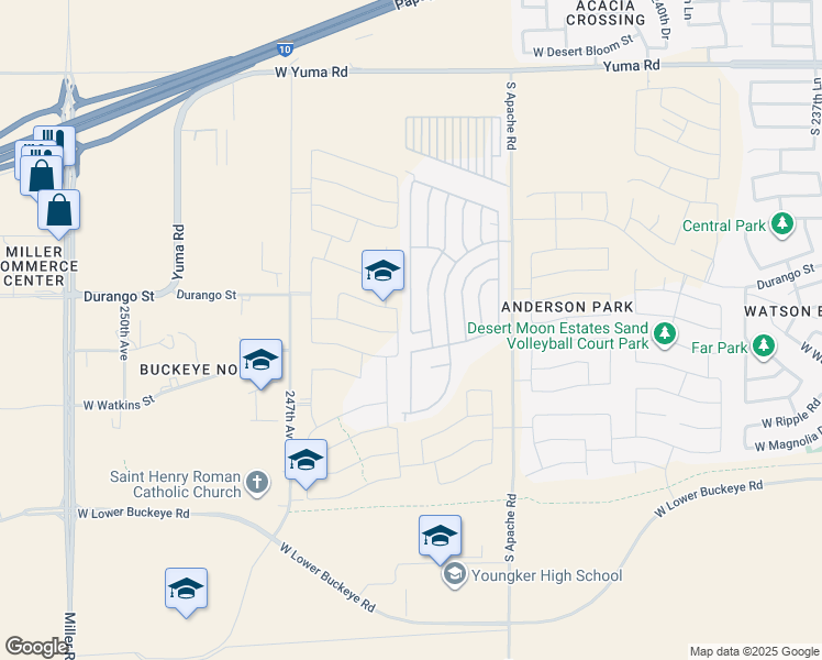 map of restaurants, bars, coffee shops, grocery stores, and more near South Aspen Lane in Buckeye