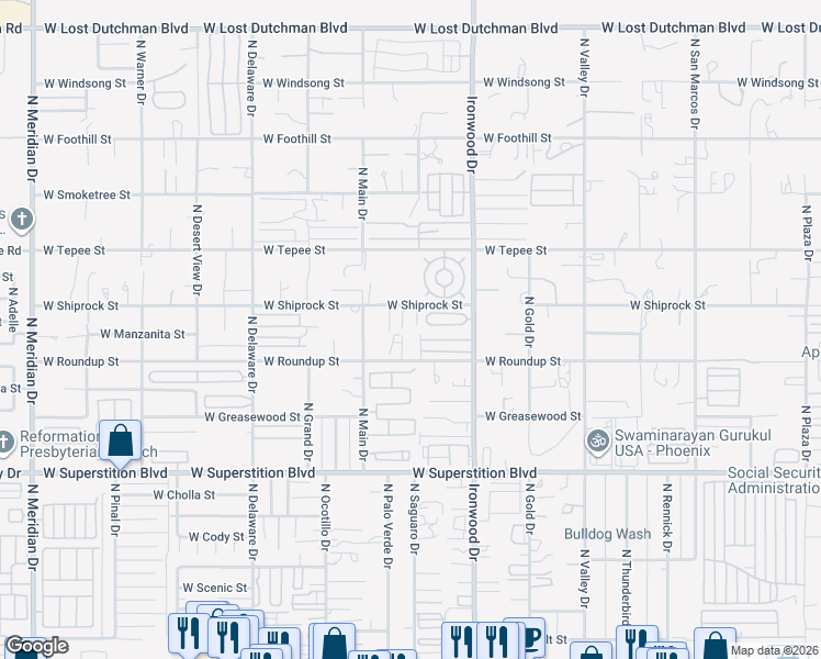 map of restaurants, bars, coffee shops, grocery stores, and more near 1280 North Ironwood Drive in Apache Junction