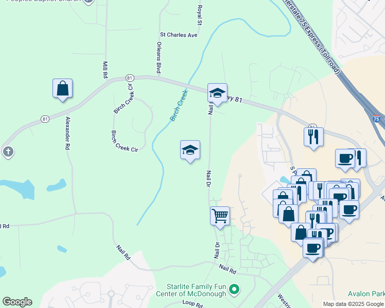 map of restaurants, bars, coffee shops, grocery stores, and more near 133 Nail Drive in McDonough