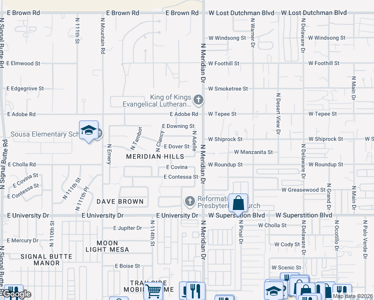 map of restaurants, bars, coffee shops, grocery stores, and more near 11536 East Dover Street in Mesa
