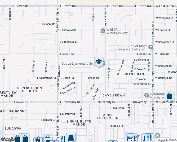 map of restaurants, bars, coffee shops, grocery stores, and more near 11037 East Dover Street in Mesa