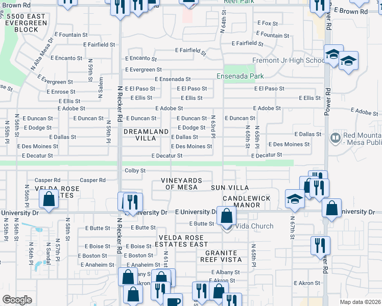 map of restaurants, bars, coffee shops, grocery stores, and more near 6250 East Des Moines Street in Mesa