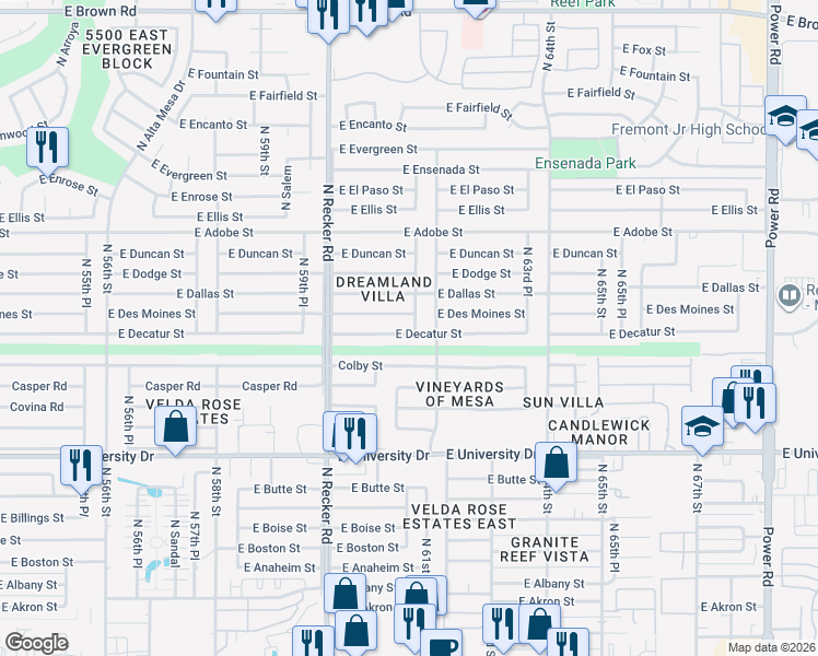 map of restaurants, bars, coffee shops, grocery stores, and more near 6114 East Des Moines Street in Mesa