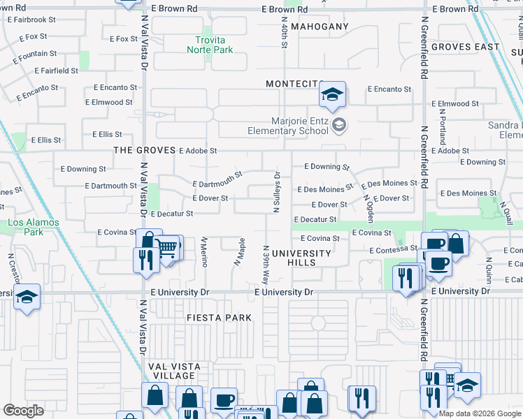 map of restaurants, bars, coffee shops, grocery stores, and more near 3911 East Dover Street in Mesa