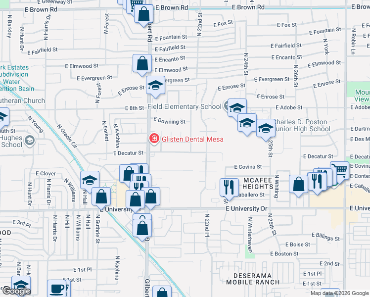 map of restaurants, bars, coffee shops, grocery stores, and more near 2118-2198 East Des Moines Street in Mesa