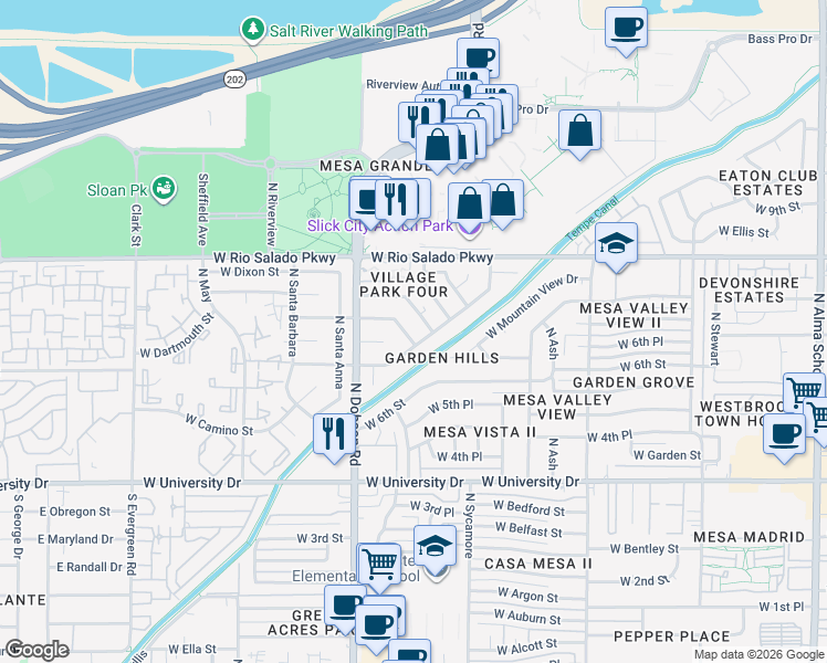 map of restaurants, bars, coffee shops, grocery stores, and more near 1846 West Devonshire Street in Mesa
