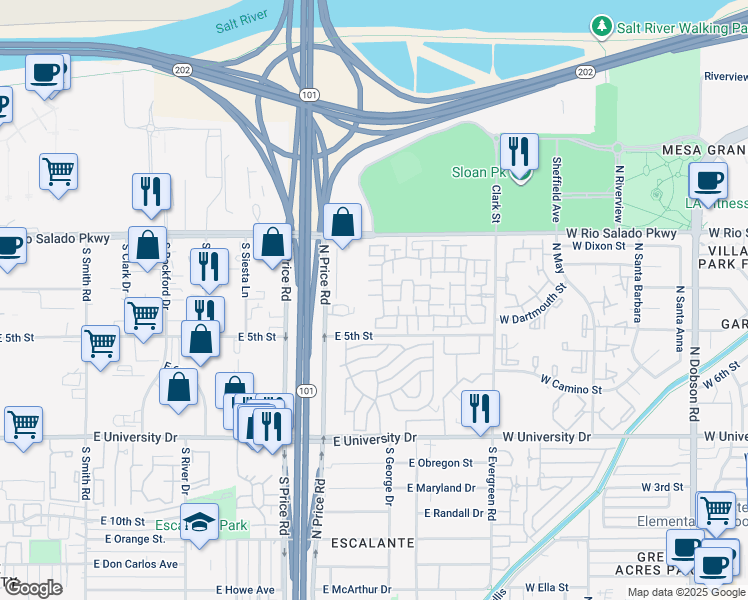 map of restaurants, bars, coffee shops, grocery stores, and more near 2401 East Rio Salado Parkway in Tempe