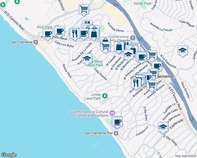 map of restaurants, bars, coffee shops, grocery stores, and more near 815 Calle Puente in San Clemente