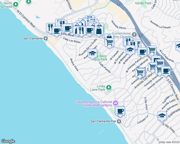 map of restaurants, bars, coffee shops, grocery stores, and more near 234 Calle Oso in San Clemente