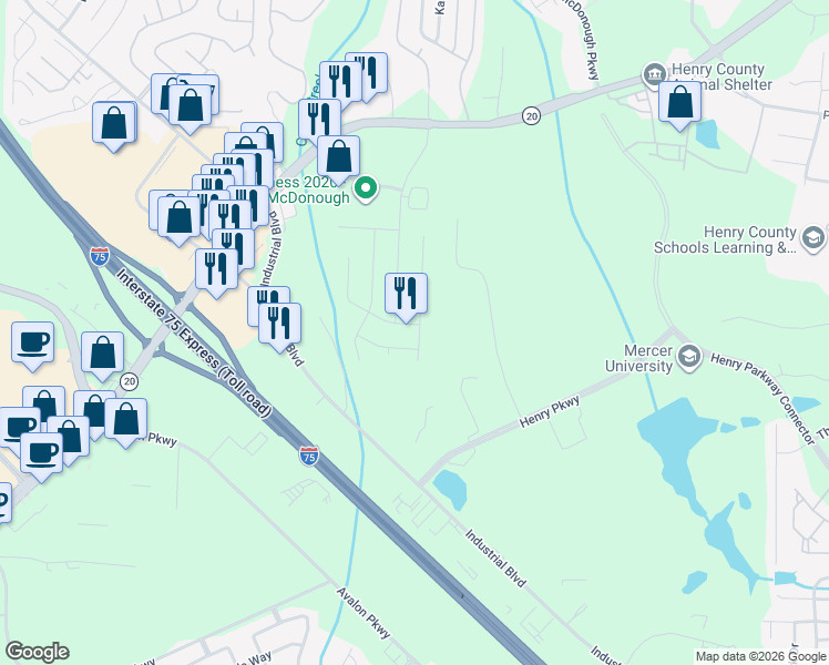 map of restaurants, bars, coffee shops, grocery stores, and more near 300 Brookside Drive in McDonough