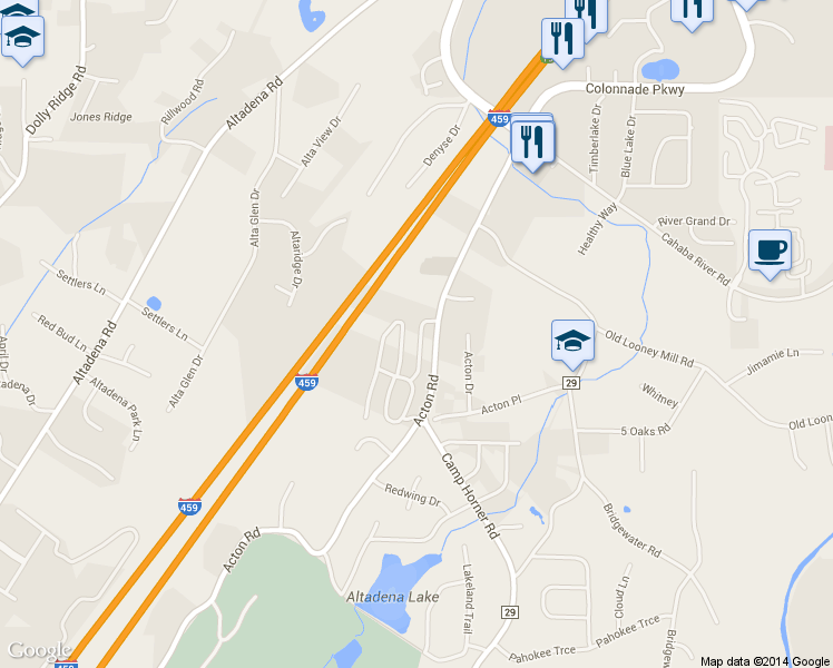 map of restaurants, bars, coffee shops, grocery stores, and more near 2501 Acton Park Lane in Birmingham