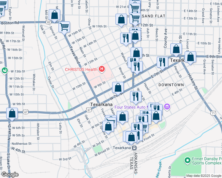 map of restaurants, bars, coffee shops, grocery stores, and more near 801 Pine Street in Texarkana