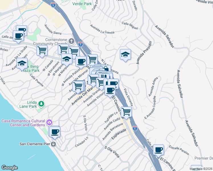map of restaurants, bars, coffee shops, grocery stores, and more near 207 South El Camino Real in San Clemente