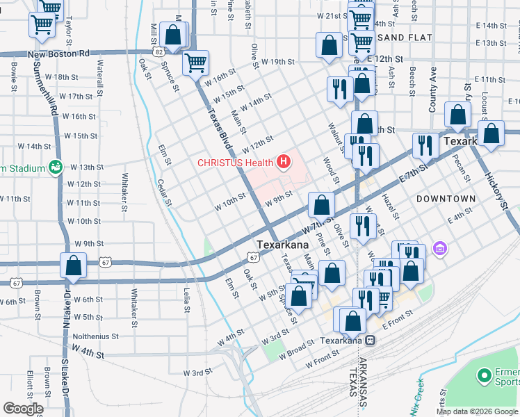 map of restaurants, bars, coffee shops, grocery stores, and more near 698 West 9th Street in Texarkana