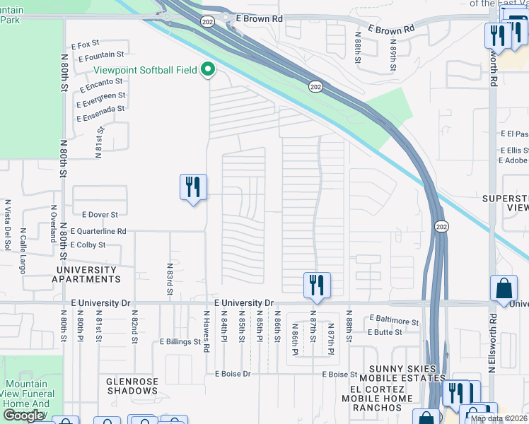 map of restaurants, bars, coffee shops, grocery stores, and more near Ln 2800 in Mesa