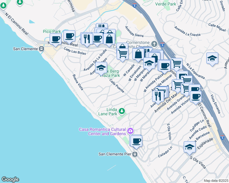 map of restaurants, bars, coffee shops, grocery stores, and more near 214 West Escalones in San Clemente