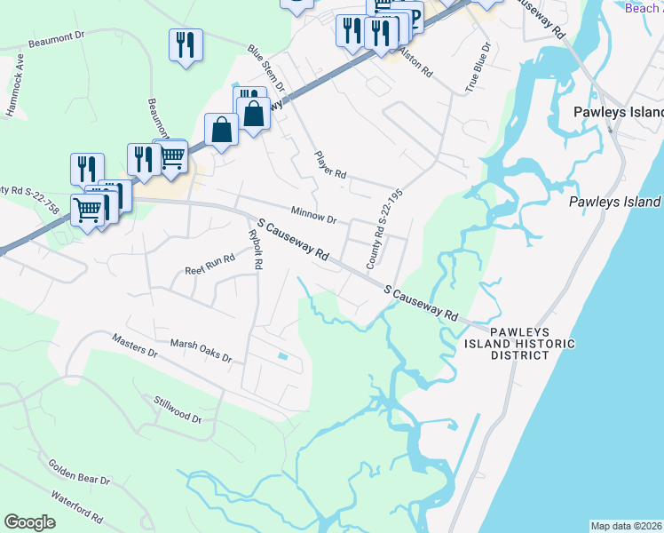 map of restaurants, bars, coffee shops, grocery stores, and more near 655 County Road S-22-266 in Pawleys Island