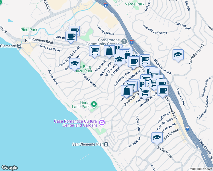 map of restaurants, bars, coffee shops, grocery stores, and more near 148 West Marquita in San Clemente
