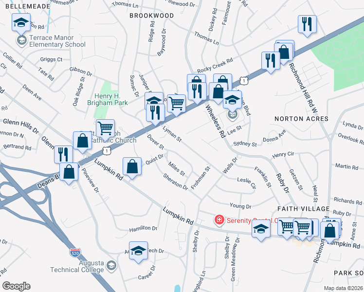 map of restaurants, bars, coffee shops, grocery stores, and more near 2564 Lyman Street in Augusta