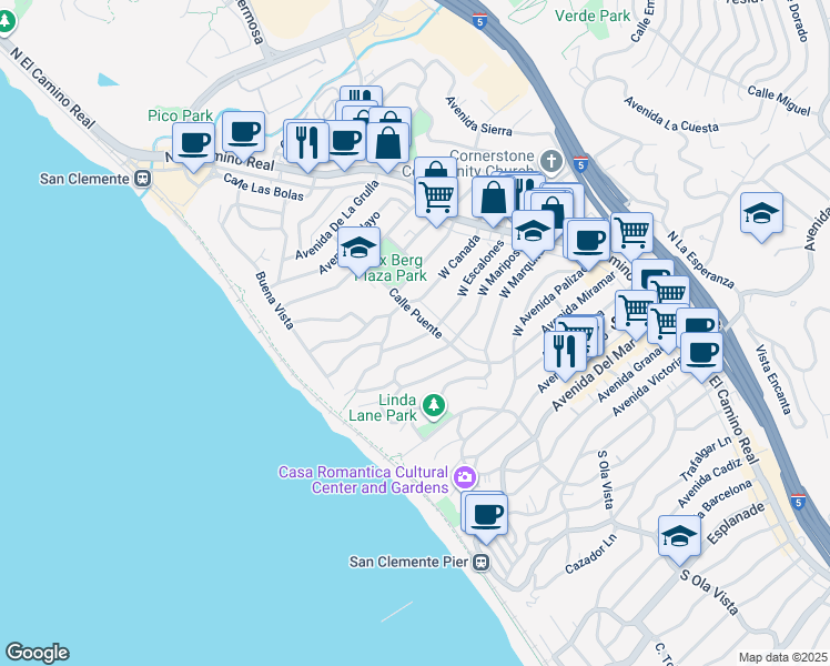 map of restaurants, bars, coffee shops, grocery stores, and more near 210 West Escalones in San Clemente