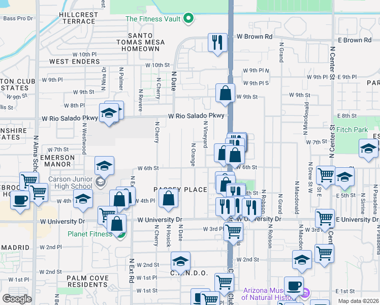 map of restaurants, bars, coffee shops, grocery stores, and more near 649 North Orange in Mesa