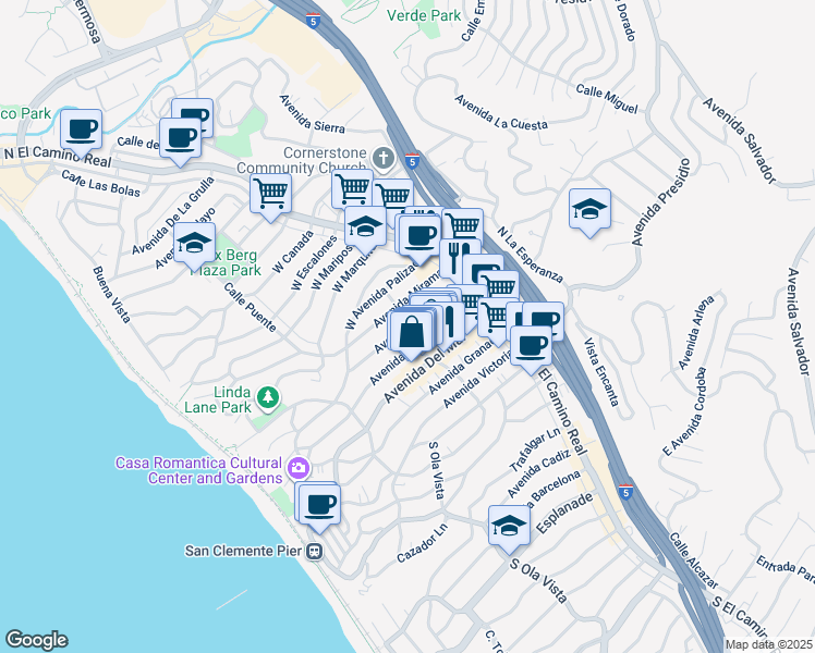 map of restaurants, bars, coffee shops, grocery stores, and more near Avenida Serra in San Clemente