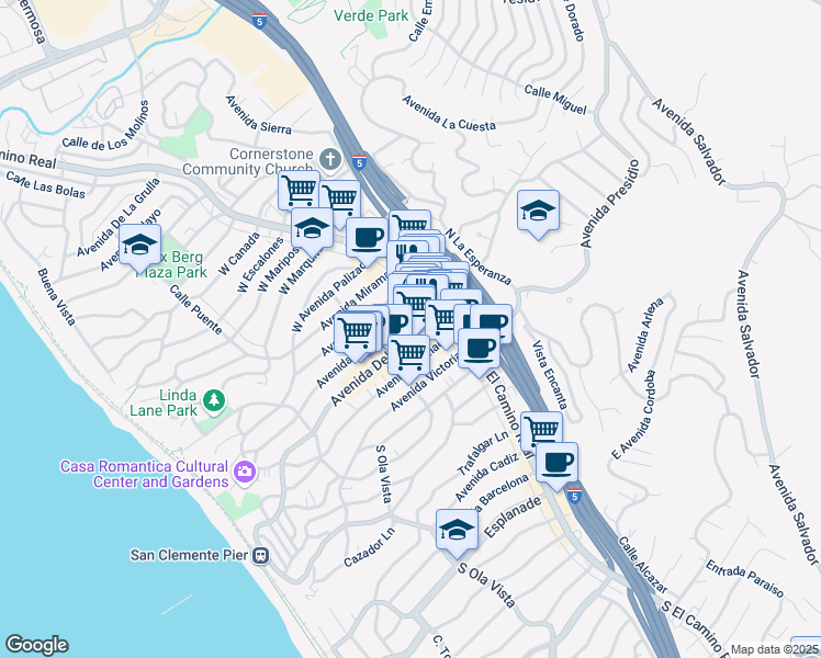 map of restaurants, bars, coffee shops, grocery stores, and more near 106 Avenida Del Mar in San Clemente
