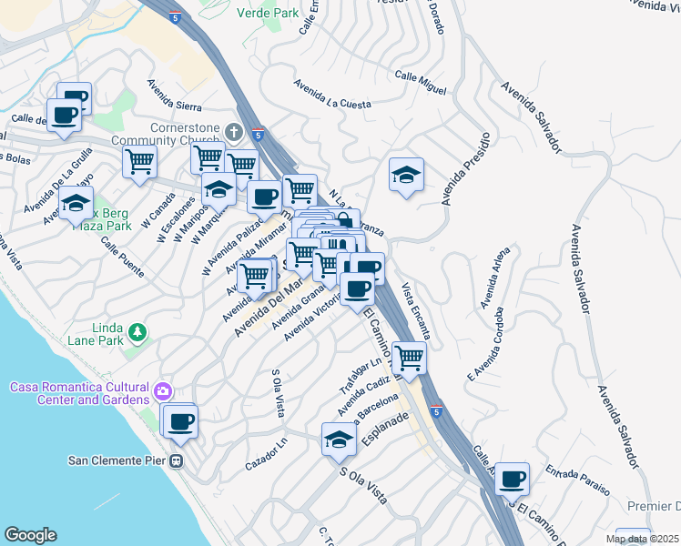 map of restaurants, bars, coffee shops, grocery stores, and more near 127 S El Camino Real in San Clemente