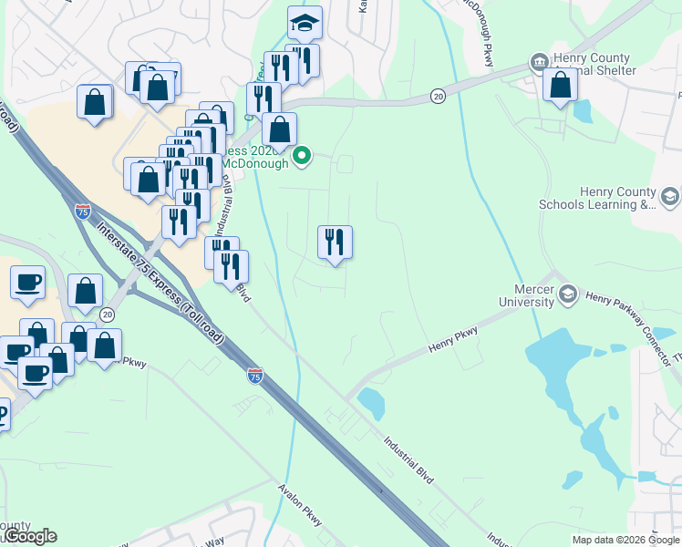 map of restaurants, bars, coffee shops, grocery stores, and more near 300 Brookside Drive in McDonough