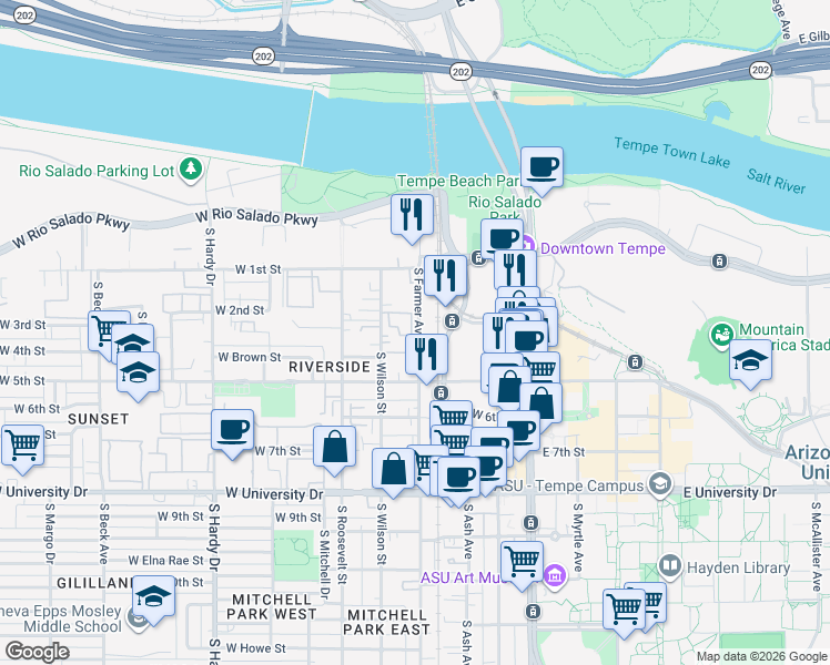 map of restaurants, bars, coffee shops, grocery stores, and more near 330 South Farmer Avenue in Tempe