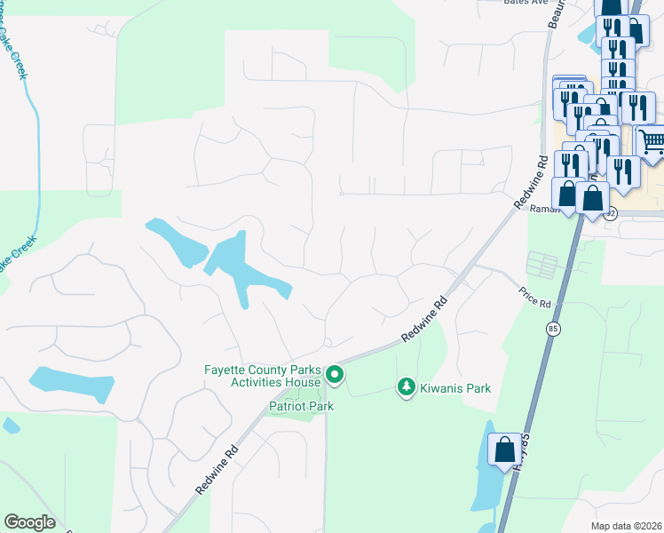 map of restaurants, bars, coffee shops, grocery stores, and more near 100 Lakemont Circle in Fayetteville