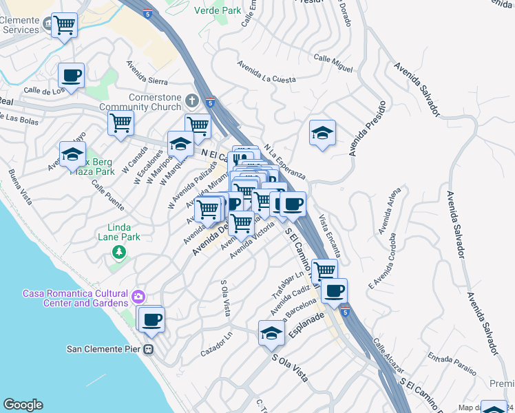 map of restaurants, bars, coffee shops, grocery stores, and more near Avenida Del Mar in San Clemente