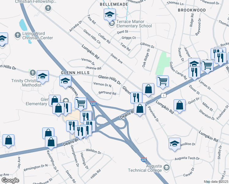 map of restaurants, bars, coffee shops, grocery stores, and more near 2677 Vernon Drive North in Augusta