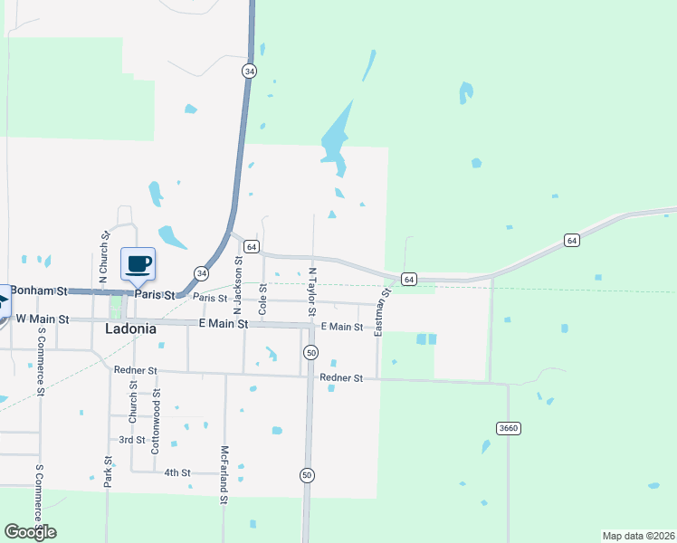 map of restaurants, bars, coffee shops, grocery stores, and more near 303 Eastman Street in Ladonia