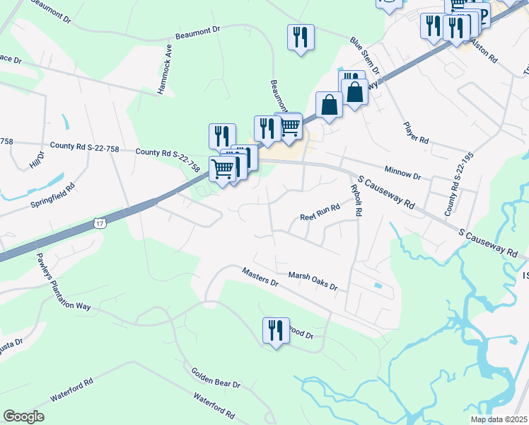 map of restaurants, bars, coffee shops, grocery stores, and more near 287 Navigators Drive in Pawleys Island