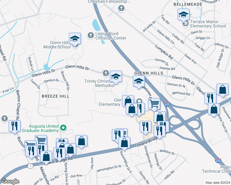 map of restaurants, bars, coffee shops, grocery stores, and more near 2840 Glenn Hills Drive in Augusta