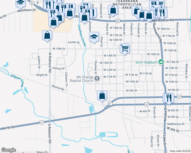 map of restaurants, bars, coffee shops, grocery stores, and more near 1107 Stuckey Street in Texarkana